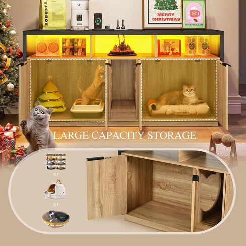 DWVO Cat Litter Box Enclosure for 2 Cats, Litter Box Furniture Hidden with Power Outlet & LED Light, Wooden Cat Cabinet TV Stand Furniture w Double Rooms for Indoor Cats, 59" L x15.7 W x27.5 H, Oak in Saudi Arabia