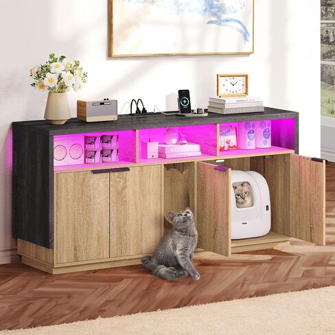 DWVO Cat Litter Box Enclosure for 2 Cats, Litter Box Furniture Hidden with Power Outlet & LED Light, Wooden Cat Cabinet TV Stand Furniture w Double Rooms for Indoor Cats, 59" L x15.7 W x27.5 H, Oak in Saudi Arabia