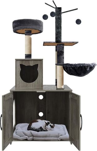 شجرة القط مع صندوق القمامة ، حاوية صندوق القمامة الخشبية مع محطة طعام ، برج القط الحديث للقطط الكبيرة الداخلية مع منصة كبيرة ، شقة القط مع وظائف الخدش ، أرجوحة ، كهوف ، سلة ، رمادية in Kuwait