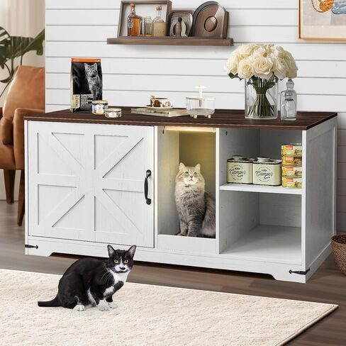 Cat Litter Box Enclosure, Hidden Litter Box Furniture Cabinet with Storage, Cardboard, Light, Wood Indoor Cat House Washroom, Farmhouse Style, 43.3 * 19.7 * 21.1 inches, Antique White in Kuwait