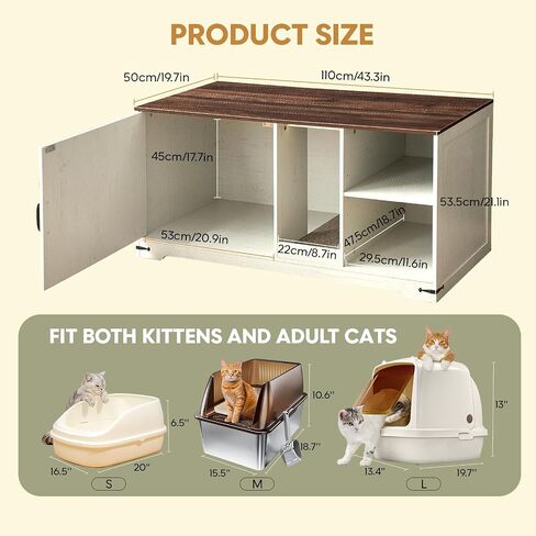 Cat Litter Box Enclosure, Hidden Litter Box Furniture Cabinet with Storage, Cardboard, Light, Wood Indoor Cat House Washroom, Farmhouse Style, 43.3 * 19.7 * 21.1 inches, Antique White in Kuwait