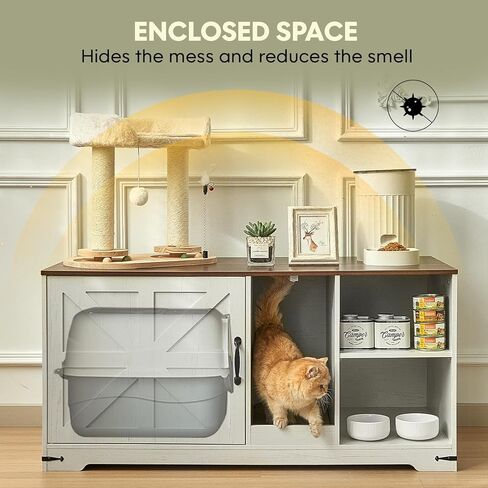 Cat Litter Box Enclosure, Hidden Litter Box Furniture Cabinet with Storage, Cardboard, Light, Wood Indoor Cat House Washroom, Farmhouse Style, 43.3 * 19.7 * 21.1 inches, Antique White in Kuwait