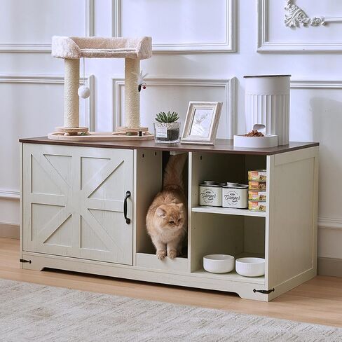 Cat Litter Box Enclosure, Hidden Litter Box Furniture Cabinet with Storage, Cardboard, Light, Wood Indoor Cat House Washroom, Farmhouse Style, 43.3 * 19.7 * 21.1 inches, Antique White in Kuwait