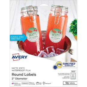 Avery Durable Waterproof Labels with Sure Feed Technology, 2" Diameter, Matte White, Laser & Pigment-Inkjet, 96 Printable Labels, Great for Food Labels, Product Labels, and More (5657)