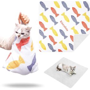kiorafoto 27.5 "غلاف كبير للقطط cat ， نسيج ملتصق ذاتي قماط بوريتو بوريتو للقطط البالغة والكلب الصغيرة ، بطانية غلاف القط المضاد للخلع للطب ، تشذيب الأظافر ، تنظيف الأذن ، أسنان تنظيف الأسنان