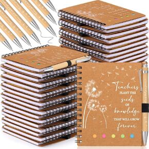 12 Sets Teacher Appreciation Gift Bulk Motivational Spiral Notebook with Bamboo Pens Sticky Notepad Index Tabs Thank You Gift Dandelion Kraft Notebooks Set for Teacher's Day