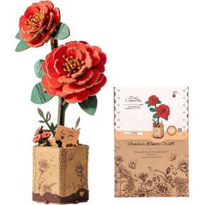 ROBOTIME 3D Puzzle Wooden Flower Red Camellia DIY Model Kit to Build for Adults Artifical Bouquet Collection Craft Brain Teaser Puzzle Creative Gift Home Decor