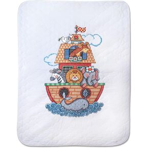 Abin Noah's Ark مختومة لمجموعة Cross Stitch Baby Ceilt ، White/Multicolor 43 "× 34"