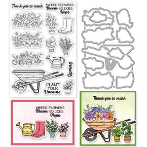infunly 2pcs زهور الزهور الربيع ختم ويموت من أجل جعل البطاقات كلمة ملهمة ختم ختم الختم القاتم قطعت محفوظة بوعاء طوابع مطاطية الرش قطع زجاجة يموت من أجل سكرابوكينغ الألبوم DIY Craft