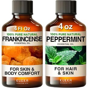 Frankincense Oil for Skin & Peppermint Oil for Hair- 100% Natural Aromatherapy Grade Essential Oils Set - 2x4 fl oz - Kukka