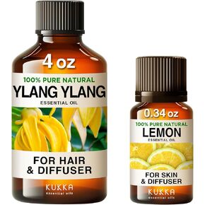 زيت Ylang Ylang الأساسي للناشر (4 أوقية أوقية) والزيت الأساسي للليمون للنشر (0.34 Fl Oz) - مجموعة من الزيوت العطرية للعلاج العطري 100 ٪ - Kukka - Kukka