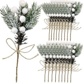 TIHOOD 20PCS 8inch Artificial Christmas Floral Picks, White Fake Berry Picks Stems, Pine Branches with Pinecones Holly Leaves for Vase Floral Arrangement Wreath Winter Holiday Season Decor Crafts