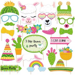 25Pcs Llama Cactus Photo Booth Props with Stick, Alpaca Selfie Props, Llamacorn Party Supplies, Birthday Theme Backdrop Decorations, First 1st Bday Baby Shower