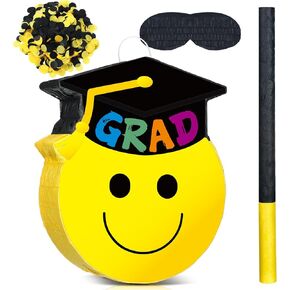 Graduation Smile Face Piñata with Stick Blindfold Confetti Graduation Cap Smile Face Piñata Decoration Class of 2025 Grad Party Hanging Decorations for College High School,14.2 x 11.4 Inch