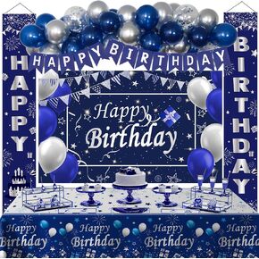 Black and Blue Birthday Decorations, 75 PCS Blue Silver Party Decorations for Boys Men Women Girls, Balloon Supplies with Happy Birthday Backdrop Banner Tablecloth Confetti Balloons Arch