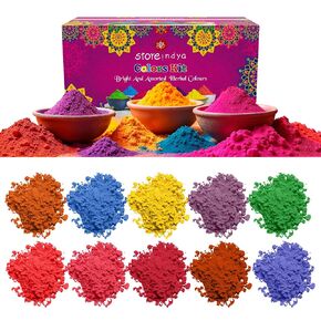 STORE INDYA Natural and Non Toxic Holi Color Powder - Multicolor |10 x 100gms Herbal Gulal Color Powder for Color Wars, Easter Parties, Fun Runs, Gender Reveal, Holi Festival, Photography, Rangoli