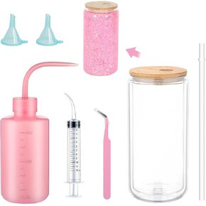 6 Pcs Snow Globe Tumbler Supplies for Glitter, Snow Globe Tumbler Kit with Bent Syringe, Tweezers, Small Funnel Squeeze Bottle DIY Glass Cups Supplies for Craft Cup Making (Contain Tumbler)
