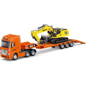 Dollox Diecast Flat Trailer Truck with Excavator Vehicles Toys 1/50 Scale Metal Engineering Site Trailer Truck High Detail Construction Model Collection Decoration Toy Gifts for Kids