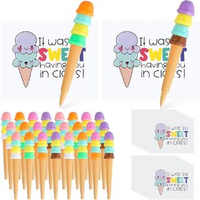 Geyoga 24 Sets End of Year Gift, Includes 24 Ice Cream Cone Pens Black Ink, 24 Gift Cards and Double Sided Adhesive Dots for End of Term Summer Birthday Ice Cream Party Favors