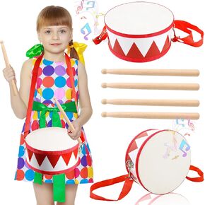 2 Pcs Kids Drum Set, 8 Inch Wooden Toy Drum with Adjustable Strap, 4 Drumsticks, Educational Musical Instrument Toys for Toddlers Boys Girls Beginners