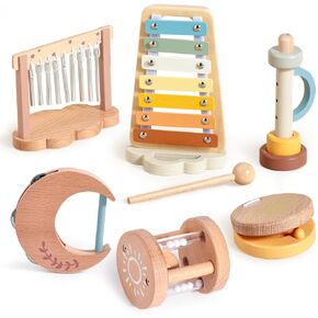 Baby Musical Instruments-Montessori Wooden Musical Toys for Toddlers | Modern Boho Kids Musical Instruments | Wooden Percussion Instruments Set Toys with Xylophone Birthday Gift