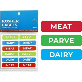 ملصقات شركة Dreidel Company Kosher ، 8 ألبان زرقاء ، 8 لحوم حمراء ، 8 ملصقات Parve خضراء ، مقاومة للفرن تصل إلى 500 درجة ، قابلة للتجميد ، قابلة للميكروويف ، غسالة صحون آمنة ، إنجليزية ، أدوات المطبخ المشفرة بالألوان (مستطيل)