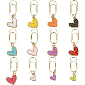 Olycraft 12PCS HEART موضوع paperclips 1.2 ~ 1.4 بوصة مقطع ورق معدني مع سبيكة مينا قلب قلادة مرجعية مرجعية للوثيقة الورقية فرز وتنظيم -12 الألوان
