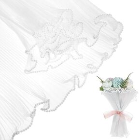 Teaaha Bouquet Wrapping Paper White Pearl Mesh for Bouquets, Pearl Edge Wrinkle Flower Wrapping Paper Ruffle Yarn Translucent Wavy Net Floral Packaging Paper for Valentine's Day Mother's Day 4 Yards