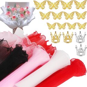 4pack 4 ياردة ورقة غلاف زهرة الكورية مع 12pcs الفراشات ثلاثية الأبعاد ، 4pcs التيجان بائع الزهور لؤلؤة لؤلؤة باقة حافة التغليف لعيد الزفاف عيد الأم عيد ميلاد
