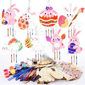 Juome 16 Pack Wooden Easter Bunny Wind Chime Kit For Kids ، شنق الحلي غير المكتملة شرائح خشبية غير مكتملة للأرانب للفتيات DIY Easters Decorations Party Favors Suppors