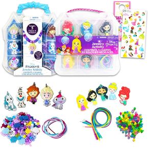 Disney DIY Necklace Activity Kit - حزمة مع الأميرة والمجوهرات المتجمدة صنع مجموعات مع 300 حبة و 10 ملصقات سحر بالإضافة إلى ، المزيد | أميرة ديزني والفنون والحرف المجمدة للفتيات ، الأطفال