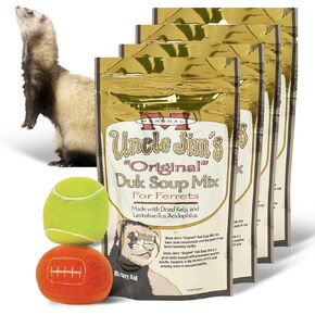منتجات Marshall Pet Products 4 عبوات Duk Soup for Ferrets- تشمل 2 ألعاب كرة رياضية من Ferret- Support Support Support Food-Ferret Toys & Accessories- 4.5 أوقية مزيج من حساء Duk القابلة لإعادة الإحالة للهدوء