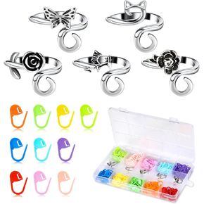 Dtofoot 5pcs Cat Crochet Ring + 150pcs قابلة للتعديل حلقات الحياكة الكروشيه ، علامة غرزة ، حلقة خيوط مصنوعة يدويًا للكروشيه ، إكسسوارات الكروشيه مع صندوق للحياكة المحببة