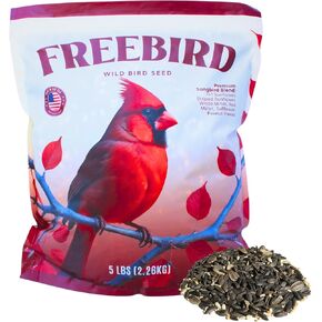 بذور الطيور البرية للمغذيات الخارجية من Freebird - مزيج من الطيور المغردة الممتازة مع عباد الشمس ، و Safflower ، وقطع الفول السوداني ، والدخن الأحمر والدخن الأبيض للكرادلة ، والنعناع ، والطيور البرية الملونة - كيس 5 رطل