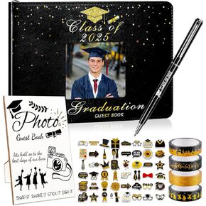 LUYI 8 PCS GRAGUTION GUEST BOOK 2025 ، التخرج صورة الضيوف علامة دفتر مع ملصقات قلم التخرج تخرج الشريط ضيف تسجيل الدخول في كتاب "توقيع الكتب لذاكرة" لتوقيع الكلية هدايا التخرج