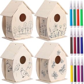 agrolling 4 pcs مجموعة كبيرة من الطيور الخشبية للأطفال 5 * 7 بوصات منازل خشبية DIY للطلاء وبناء الحرف مع قلم مائي لأطواف الطلاء الحرف السائبة (جولة)