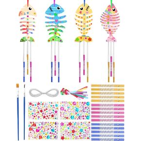 Benvo 12 Pack Wood Wind Chime Make Your Fishbone Orglets Wooden Chime مجموعات مع ملصقات الماس الأحجار الكريمة للفنون والحرف الحرف عيد ميلاد Making Making Children Craft Fun (4 تصميمات)