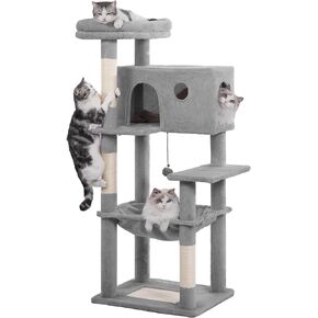 Tall Cat Tree for Indoor Cat Large Adults 54"/72" Multi-Level Cat Tower with Large Hammock21.6x17.7"Spacious Condo21.6X 12"and Roomy Top Bed and Scratch Post and Pad (Grey, Large-54)