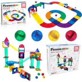 Picassotiles 70pc Ramble Run + 30pc مسار سيارة سباق المغناطيسي ، والمرح والإبداعي: ​​التعلم بالبخار ، وتعزيز مهارات البناء ، وتنسيق العين ، والمهارات الحركية الدقيقة ، وهدية للبنين والبنات