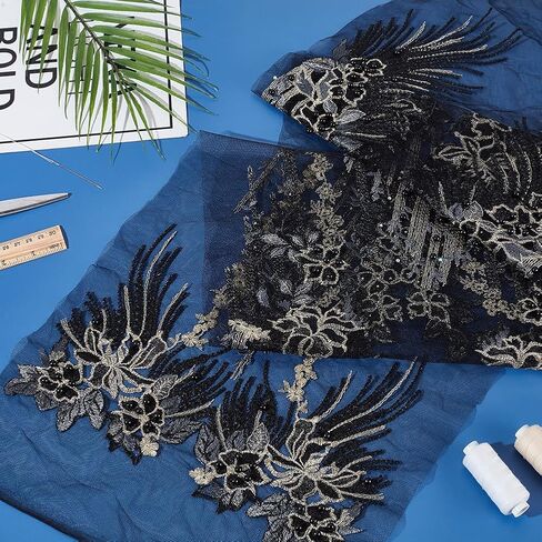 MAYJOYDIY Black Beaded Sequins Flower Lace Applique 3D Floral Embroidery Sew on Patches Flower Beaded Lace Trim Gold Sequin Lace Ribbon for Headpiece Clothing Bridal Accessories Supply Craft DIY in Kuwait