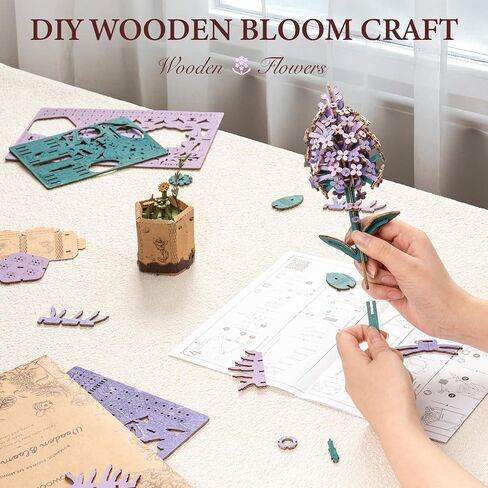 ROBOTIME 3D Puzzle Wooden Flower Red Camellia DIY Model Kit to Build for Adults Artifical Bouquet Collection Craft Brain Teaser Puzzle Creative Gift Home Decor in Saudi Arabia