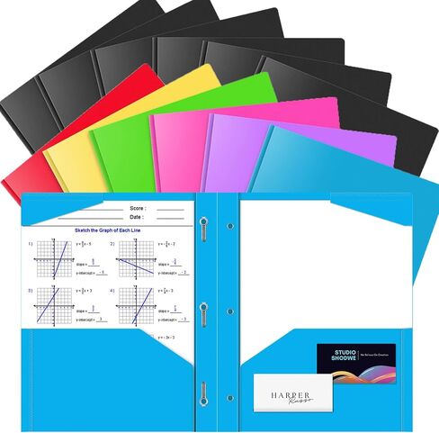 BAOFALI 12 Pack A4 Pocket Plastic Folder 2 Pockets and 3 Prongs 2 Card Slots, Durable, Tear-Resistant Heavy Duty Pocket Folders with Prongs, Colored Prong Folders for Schoolwork & Officer in Kuwait