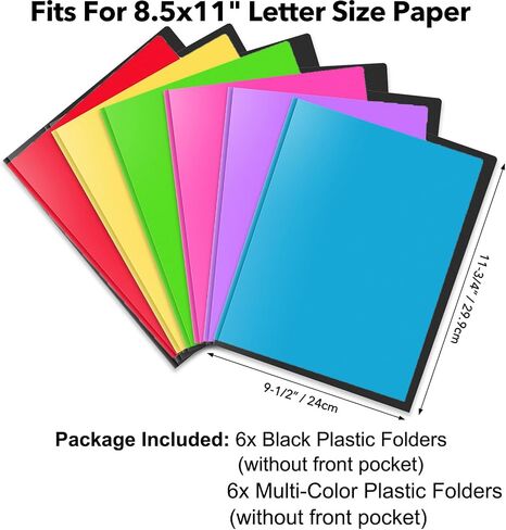 BAOFALI 12 Pack A4 Pocket Plastic Folder 2 Pockets and 3 Prongs 2 Card Slots, Durable, Tear-Resistant Heavy Duty Pocket Folders with Prongs, Colored Prong Folders for Schoolwork & Officer in Kuwait