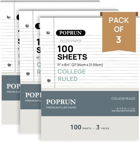 POPRUN Loose Leaf Paper, 8.5" x11" College Ruled, 100GSM / AA Grade Bulk Lined Filler Sheets, 3 Hole Punched for Binder Notebook, Office School Supplies, 3 Pack (300 Sheets) in Saudi Arabia