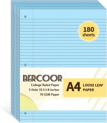 Bercoor 180 Sheets College Ruled Loose Leaf Paper, 8" x 10.5" Blue, 3- Hole Punched, Notebook Paper, Lined Paper, Binder Paper, Writing Paper, Filler Paper, Wide Ruled Notebook Paper in Saudi Arabia
