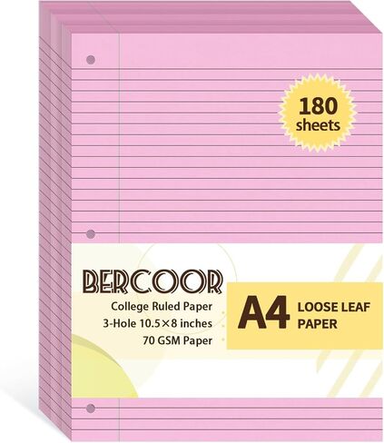 Bercoor 180 Sheets College Ruled Loose Leaf Paper, 8" x 10.5" Blue, 3- Hole Punched, Notebook Paper, Lined Paper, Binder Paper, Writing Paper, Filler Paper, Wide Ruled Notebook Paper in Saudi Arabia
