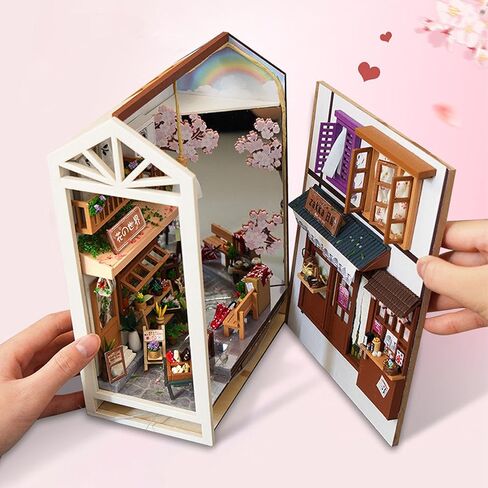 DIY Book Nook Kits, 3D Wooden Puzzles Bookshelf Insert Decorative Bookend Model Kits with LED,DIY Diorama Dollhouse Kit Crafts Hobbies Home Decor for Girls Women(Sakura Alley) in Saudi Arabia