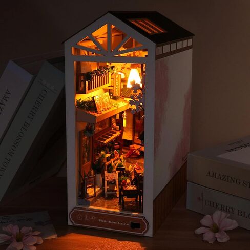 DIY Book Nook Kits, 3D Wooden Puzzles Bookshelf Insert Decorative Bookend Model Kits with LED,DIY Diorama Dollhouse Kit Crafts Hobbies Home Decor for Girls Women(Sakura Alley) in Saudi Arabia