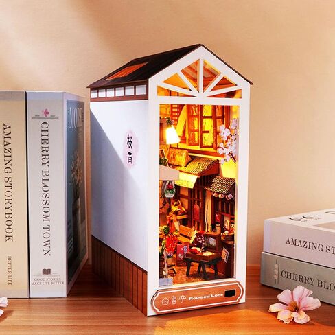 DIY Book Nook Kits, 3D Wooden Puzzles Bookshelf Insert Decorative Bookend Model Kits with LED,DIY Diorama Dollhouse Kit Crafts Hobbies Home Decor for Girls Women(Sakura Alley) in Saudi Arabia