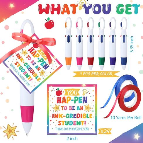 24 Pack End of Year Gifts for Students 4-in-1 Ballpoint Pens Retractable Shuttle Pens with End of Year Tags for School Classroom Prizes Gifts Exchange Classroom Party Favors Supplies in Kuwait